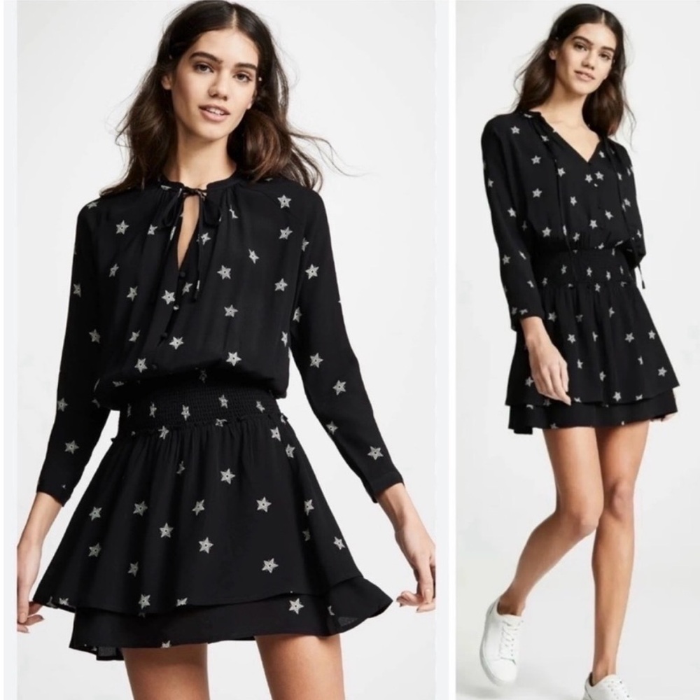 Rails Jasmine Black Mini Star Dress, Size M, flowy, long sleeve